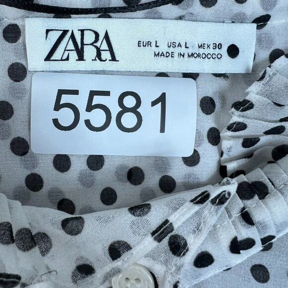 Zara Blouse Womens Large Oversized Polka Dot Button Up Black White Sheer Ruffle - Picture 9 of 11